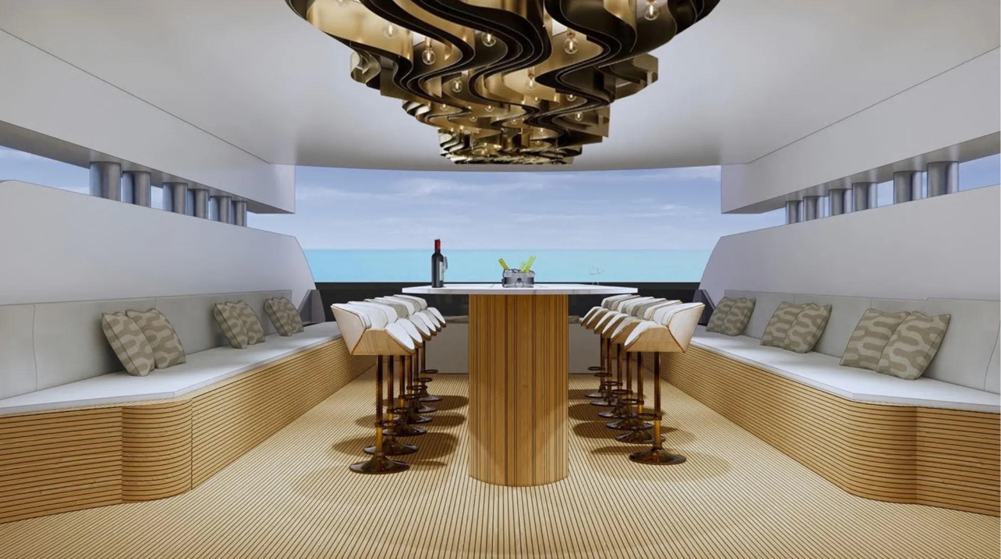 Rendering of Aurelia's sky lounge, curved timber banquettes and white bar stools beneath a sculptural bronze ceiling piece, open to the sea
