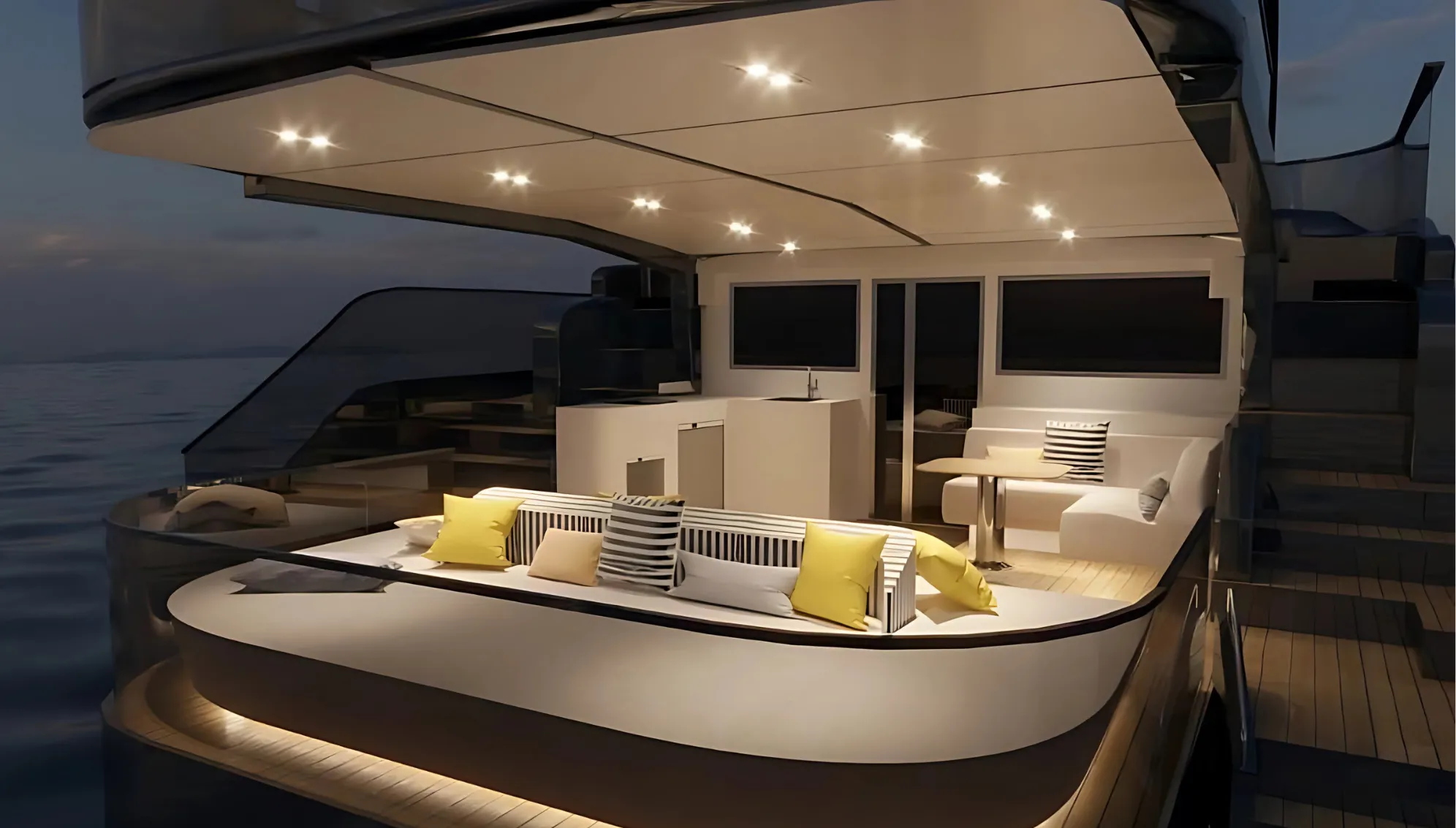 Rendering of The Elysian's aft deck lounge at dusk, a U-shaped sofa with yellow and striped cushions