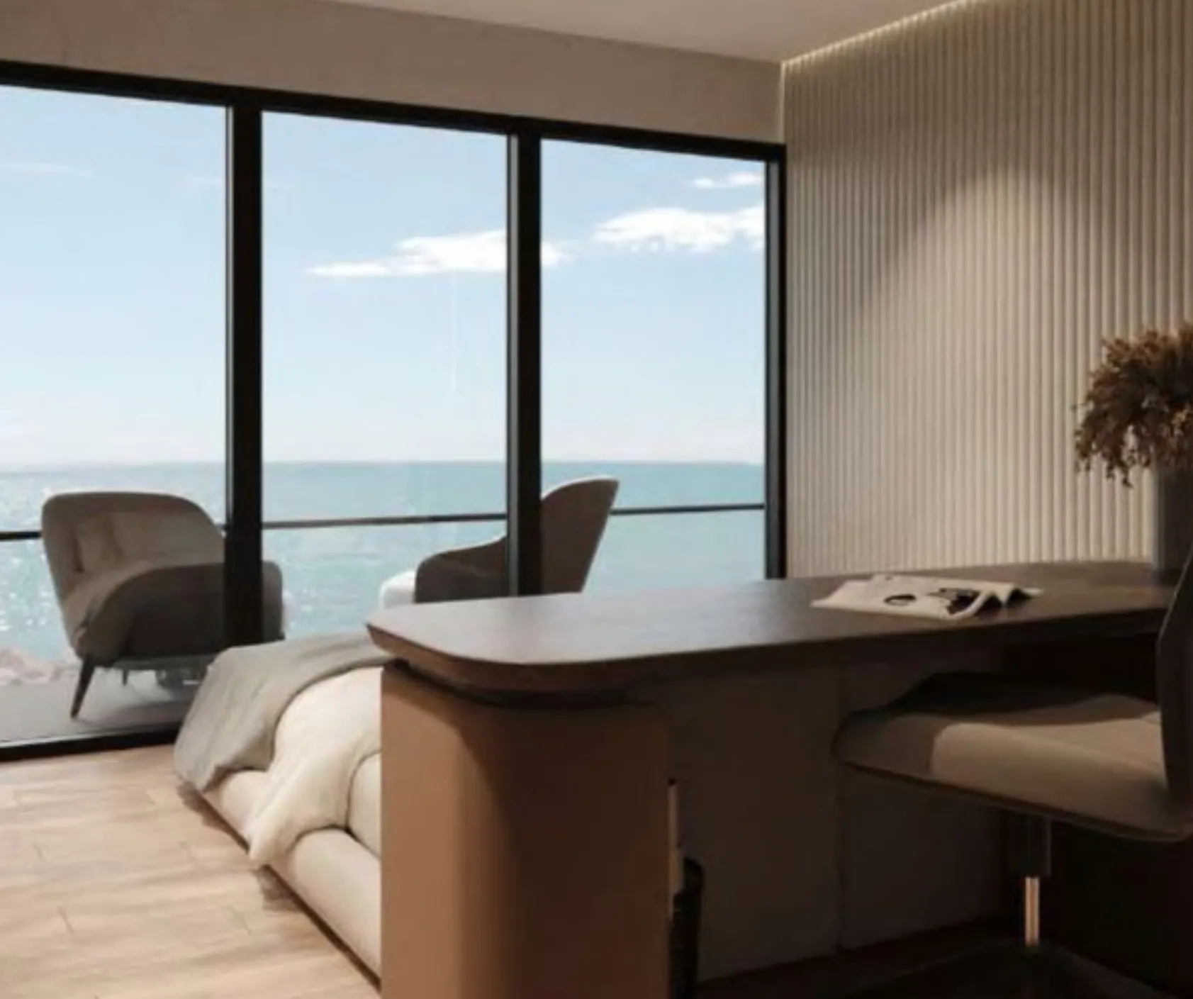 Rendering of a guest cabin with an oak desk and armchairs before floor-to-ceiling sea windows