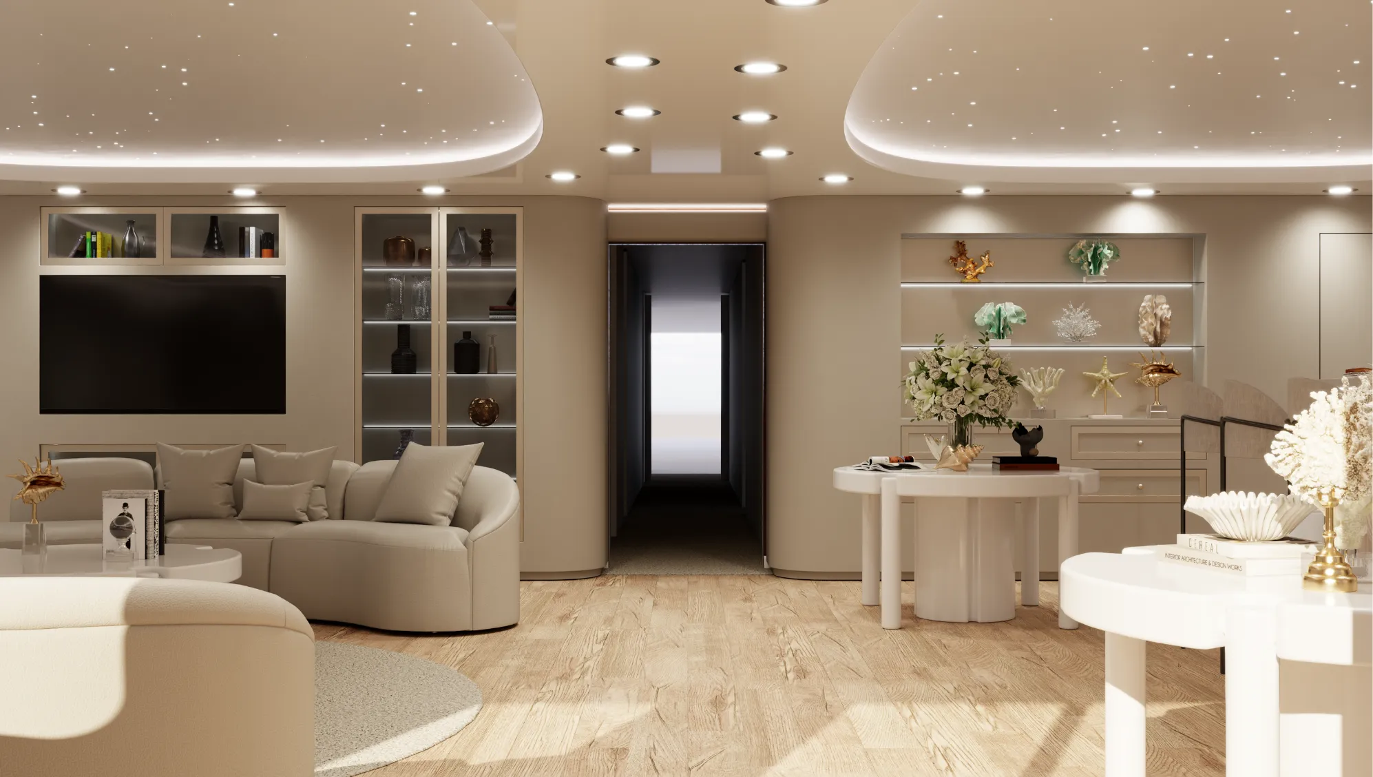 Rendering of Serena Marina's saloon with a curved sofa, sculptural side tables and a starlit ceiling