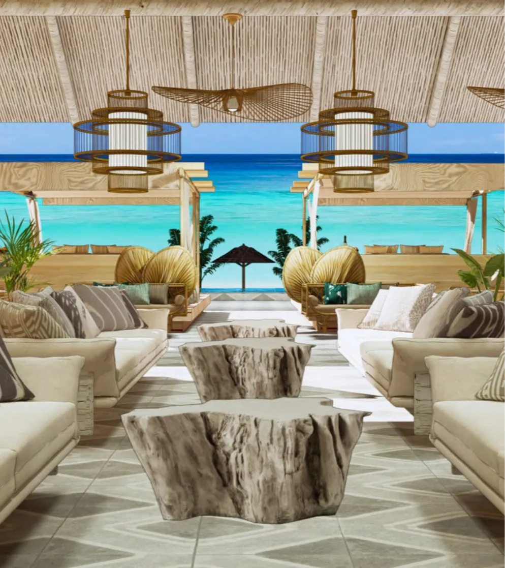 Rendering of the Riviera Pavilion beach club, cream sofas around driftwood tables under woven rattan pendants, a turquoise sea beyond