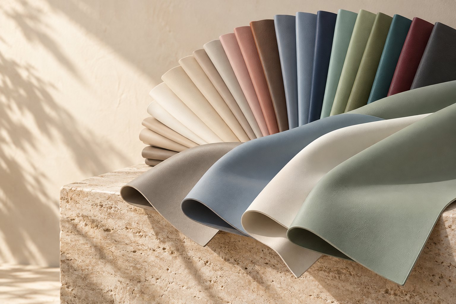 SILÉA plain silicone leather fanned out in neutrals, sage, mineral blue and deep tones