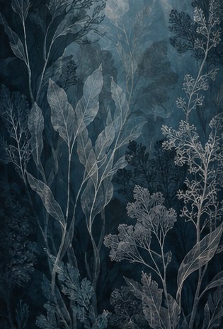 Abysses wallcovering concept: layered botanical silhouettes in indigo, petrol and ink