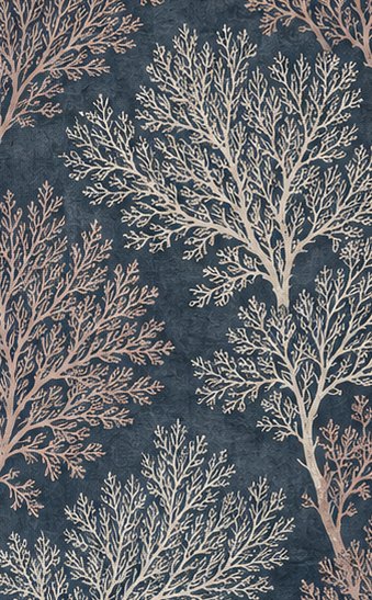 Corail wallcovering concept: delicate branching sea fans against deep marine blue