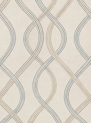 Entrelacs wallcovering concept: interlaced linear geometry in sand and muted blue on chalk
