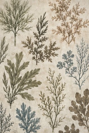 Herbier wallcovering concept: delicate marine botanical studies in faded olive, sepia and mineral blue