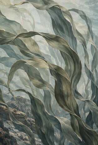Laminaires wallcovering concept: sweeping kelp ribbons in smoky sage, dusty teal and chalk