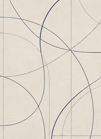 Méridien wallcovering concept: sparse intersecting arcs in ink navy and pale taupe