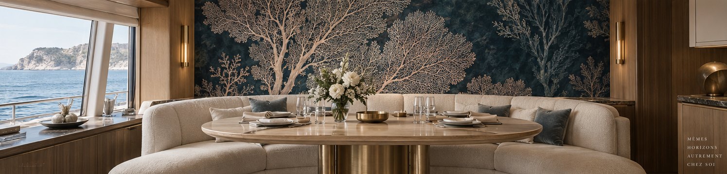 Design concept: a yacht dining salon with a large-scale Gorgone sea-fan mural above curved ivory seating and a light oak table