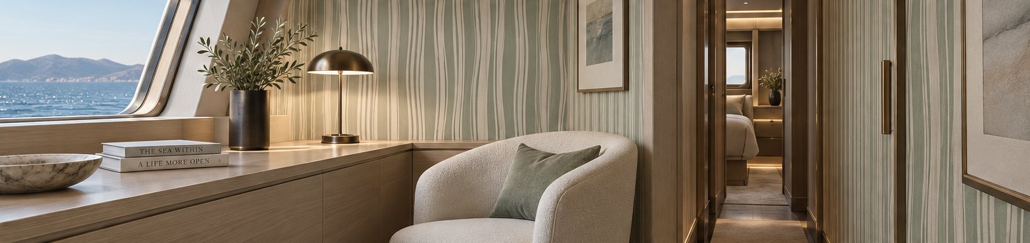 Design concept: a yacht study nook and passage lined with Sillage sage-and-ivory stripe wallcovering, pale oak joinery and a cream armchair